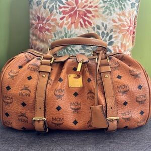 MCM Cognac Monogram Barrel Bag with Gold Accents